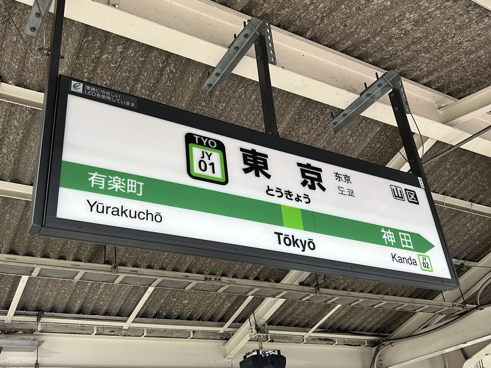 楽天モバイルの電波を実測したJR東京駅の山手線ホームの駅名標。隣は有楽町・神田